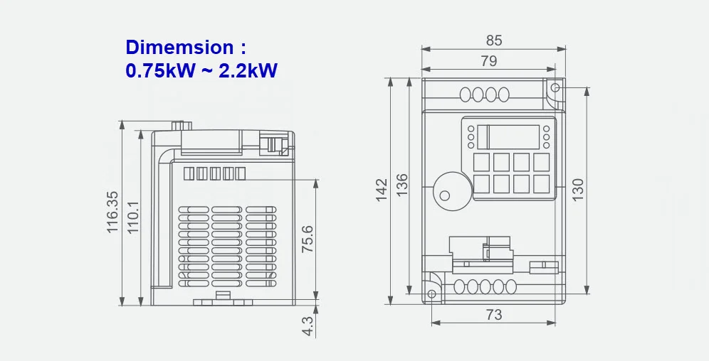 Kích thước biến tần CNC 0.75kw-2.2kw